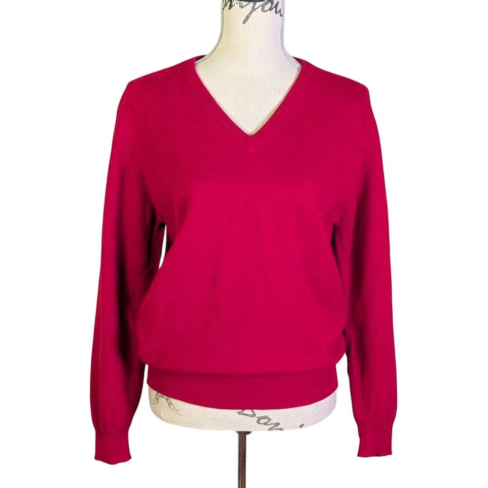 Vintage 80s Red 100% Cashmere V Neck Sweater Preppy Old Money Small